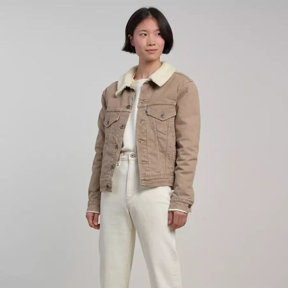Womens Levis Made & Crafted Cozy BF Trucker Jacket Tan Beige Sherling Sherpa S - Picture 1 of 9
